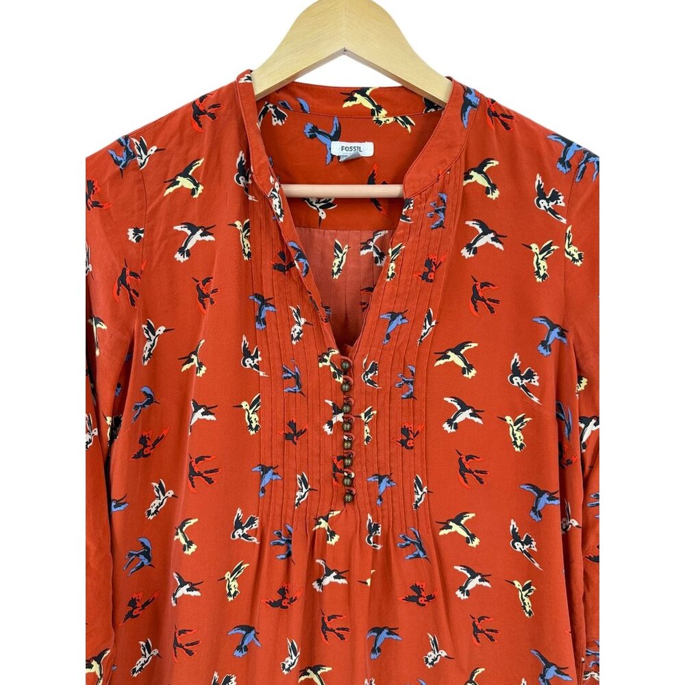 Fossill 100% silk Dress Womens Size Small‎ Pleated Cottagecore Fairycore Birds - Picture 4 of 11